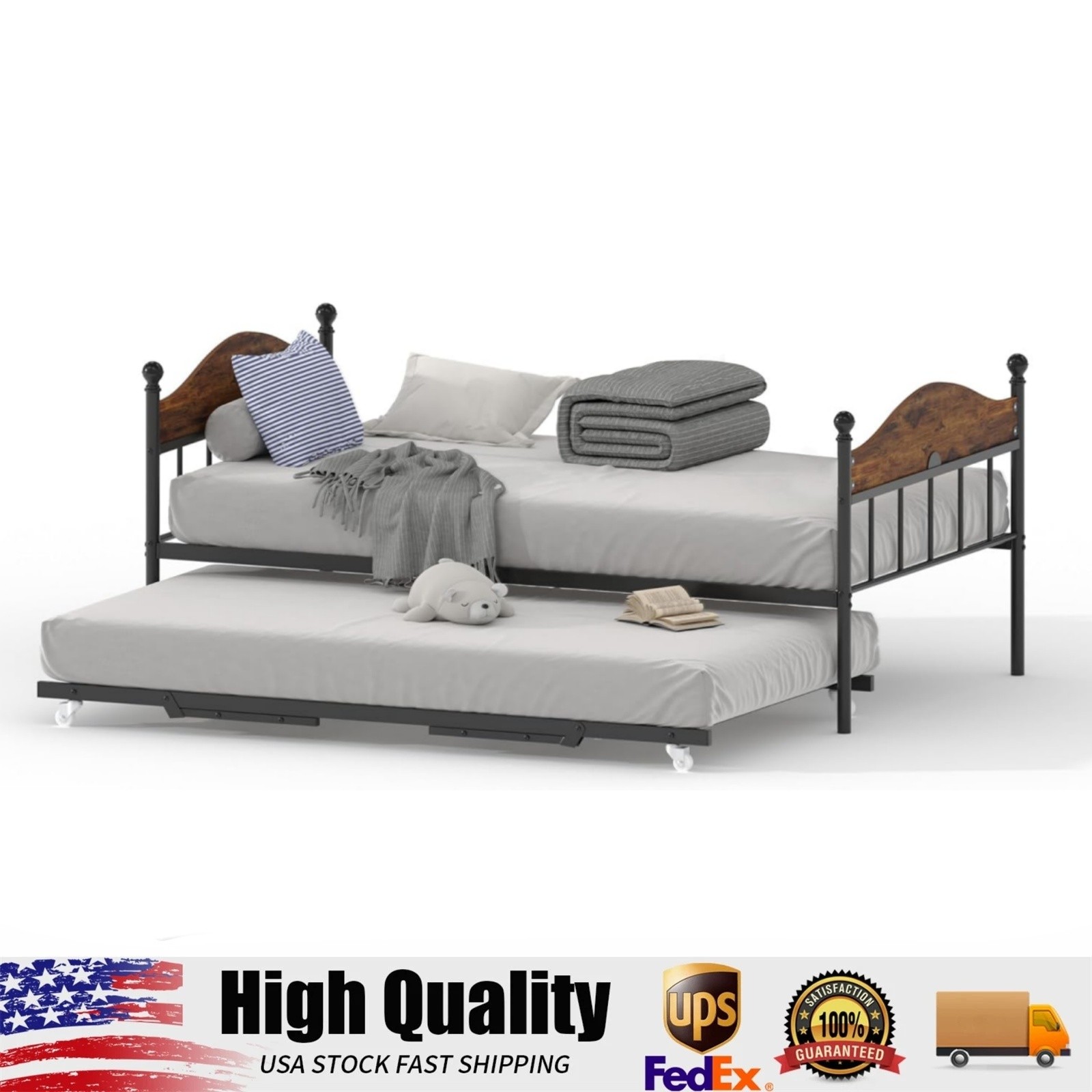 Twin Metal Daybed with Pop-Up Trundle, Heavy Duty Steel Slats Platform Bed Frame