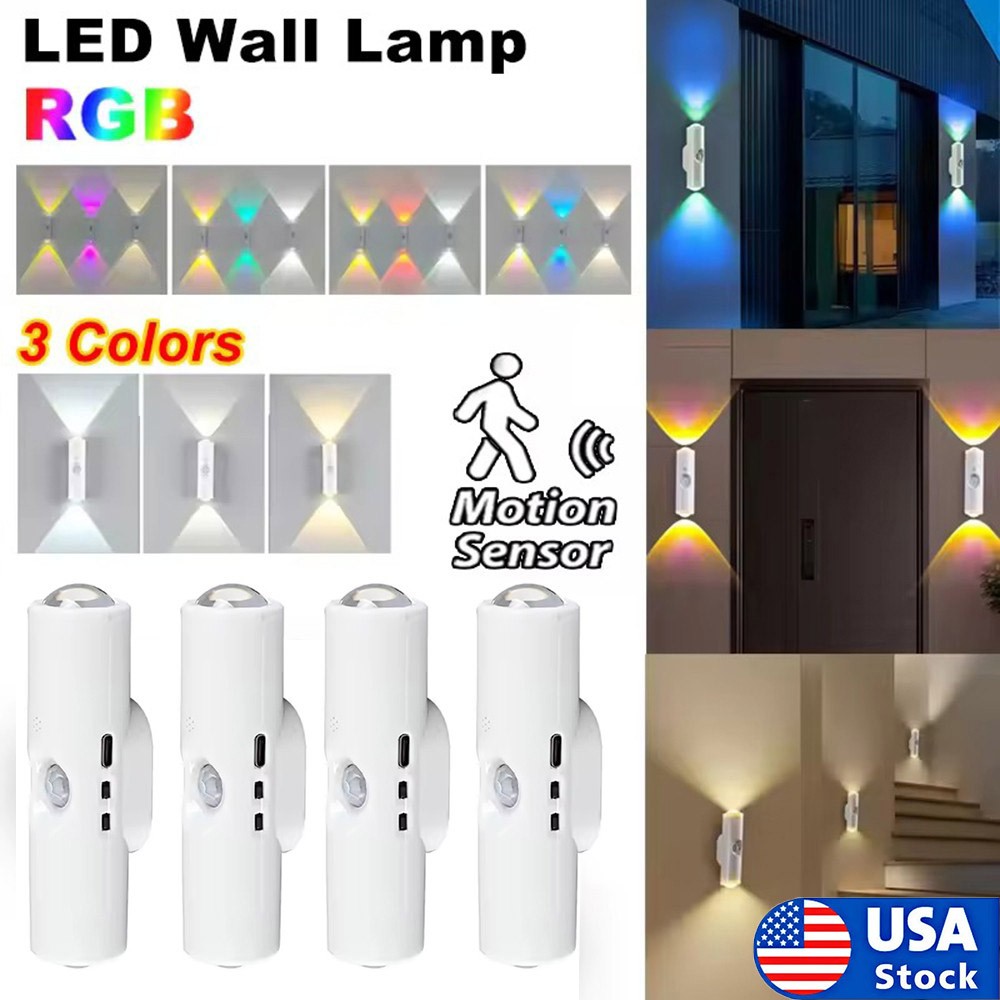 1/4X LED Motion Sensor Wall Light USB Rechargeable Night Light 3Color/7 Color JQ