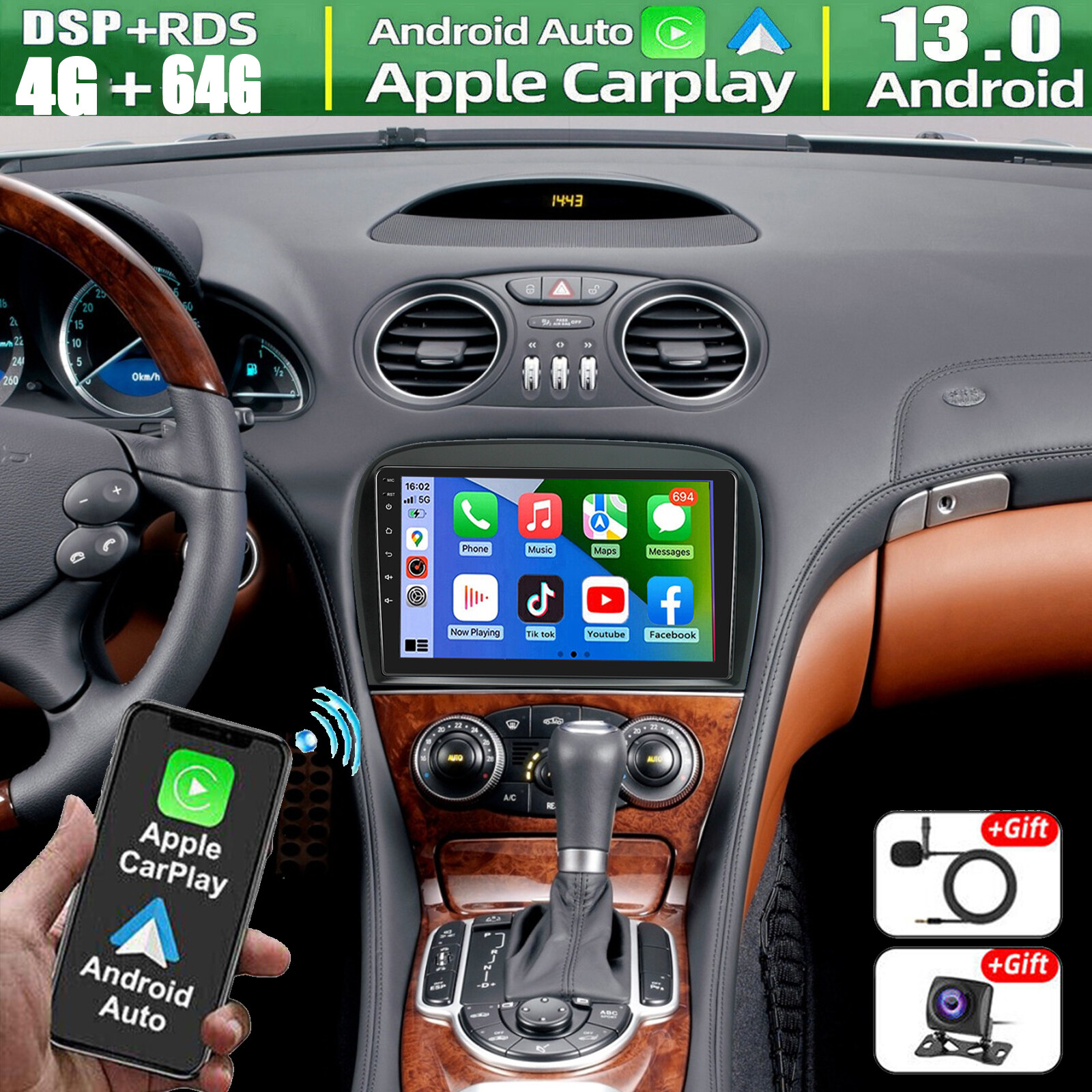 9'' Carplay Car Radio GPS Stereo BT For Mercedes Benz SL SL500 SL550 SL600 05-12
