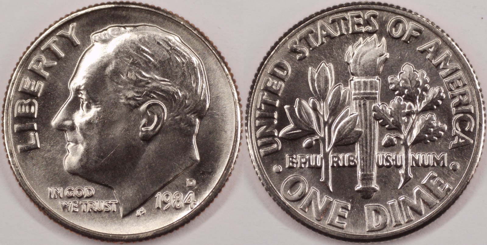 United States 1984 D 10 Cents Roosevelt Dime KM#195a Clad Torch Olive Oak Branch
