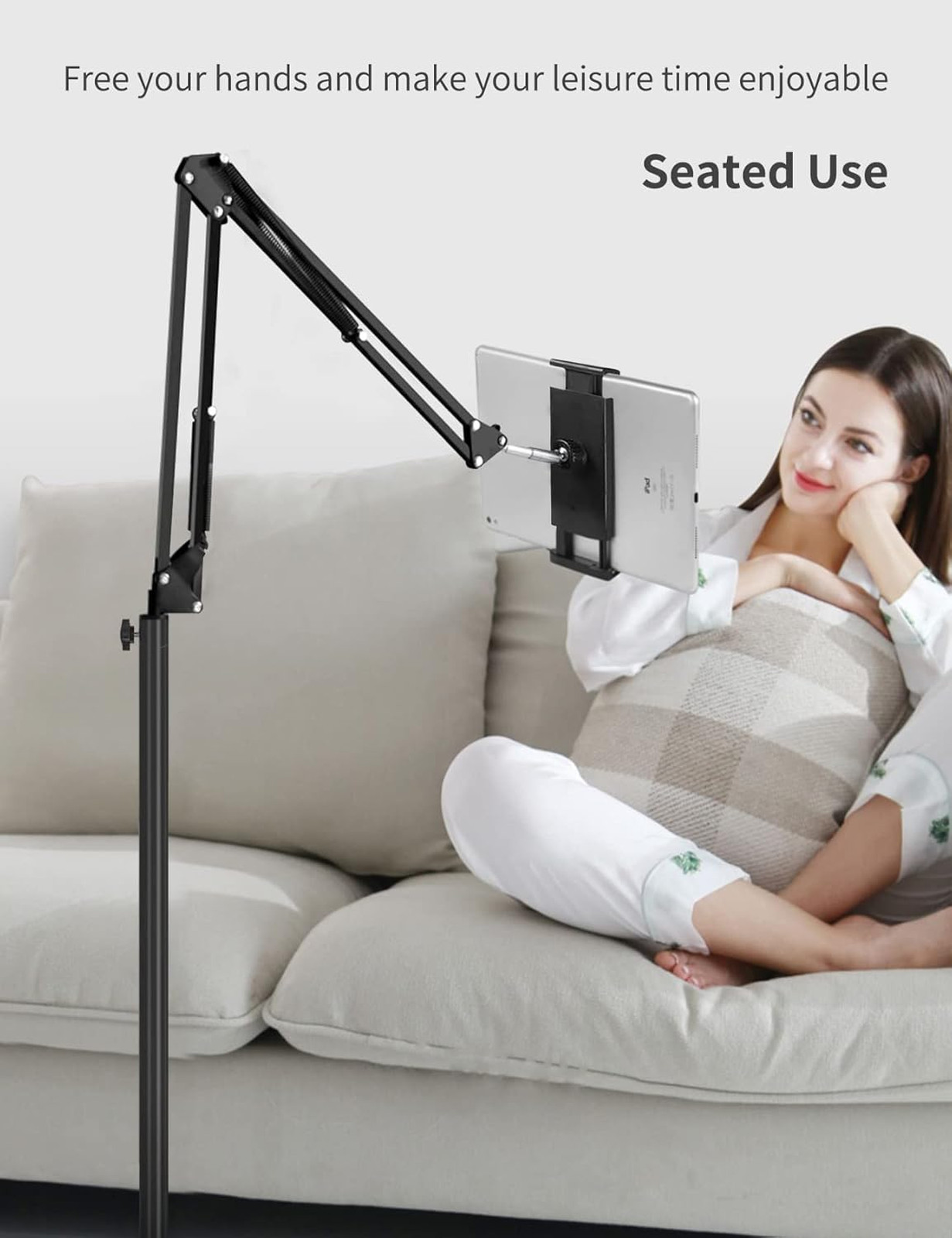 Tablet Floor Stand with Double Weight Base Height Adjustable Arm Stretchable
