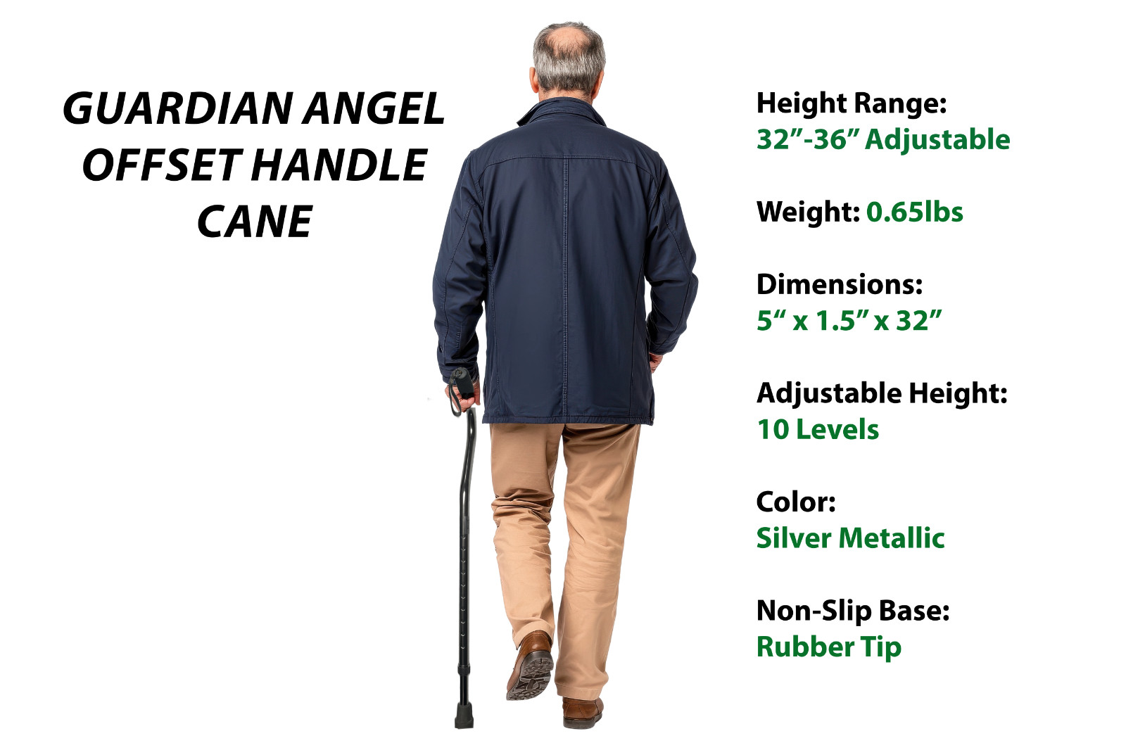 Offset Handle Walking Cane (Black) (31"-40" Adjustable) by Guardian Angel