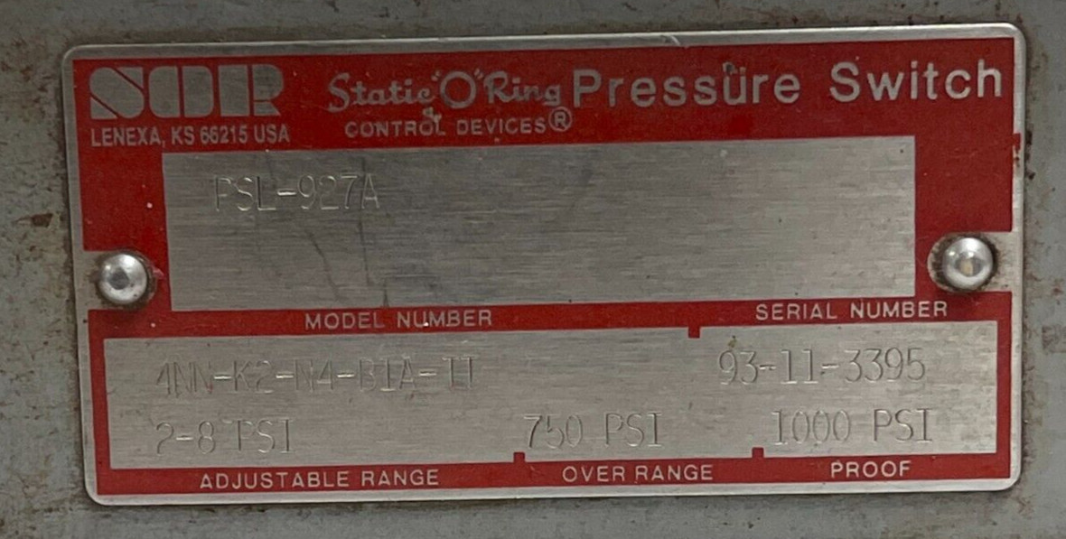 STATIC O'RING PSL-927A PRESSURE SWITCH