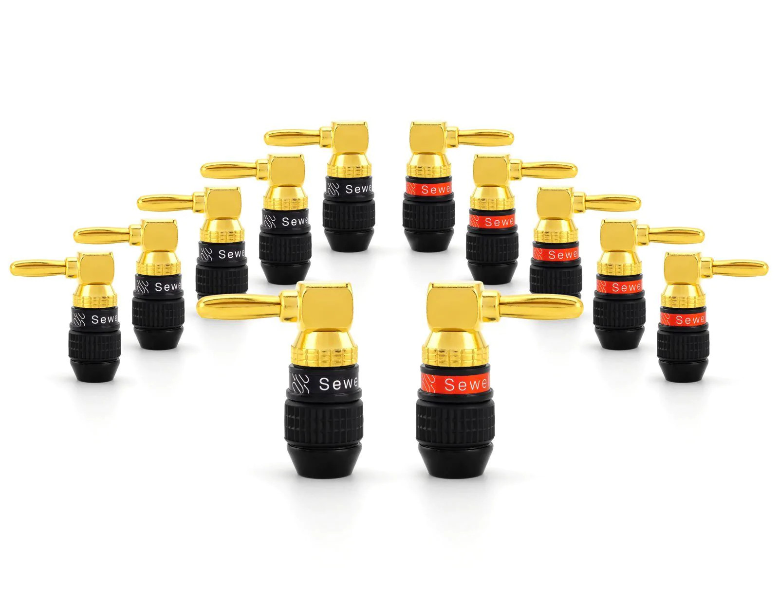 Deadbolt Right-Angle Banana Plugs – 24k Gold, Self-Crimp, Low-Profile Speaker Wi