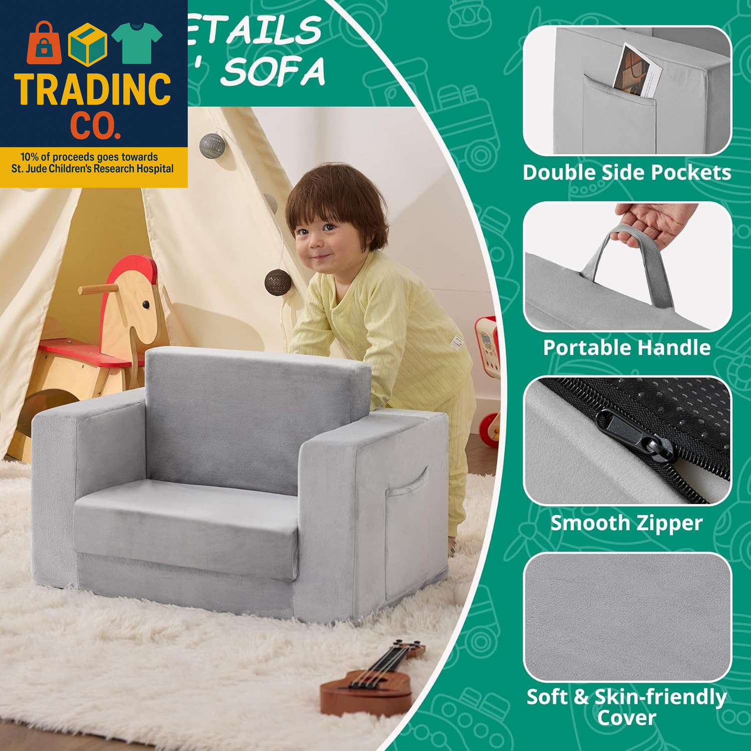 Kids Couch, 2-In-1 Toddler Chair Comfy 1-3 Years Old, Convertible Kids Chair, To