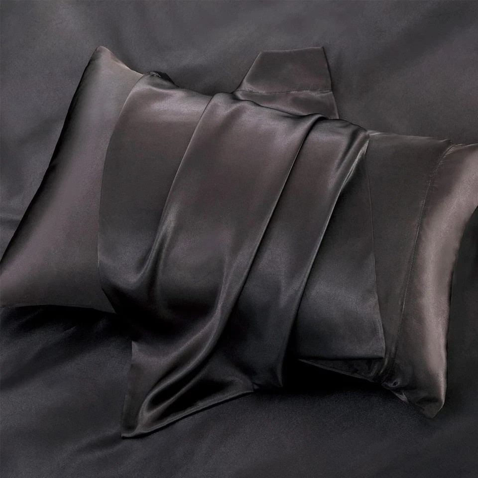 SATIN SHEETS Bedding Sheet Set Pillow Case Deep Pocket Queen Black 6-Pc POTHUINY