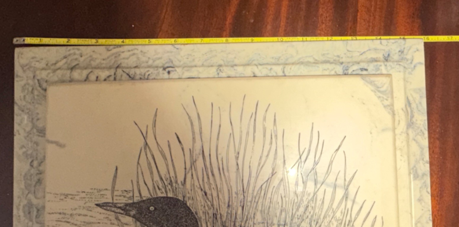 Vintage Loon Etched Drawing on Marble Signed 1986