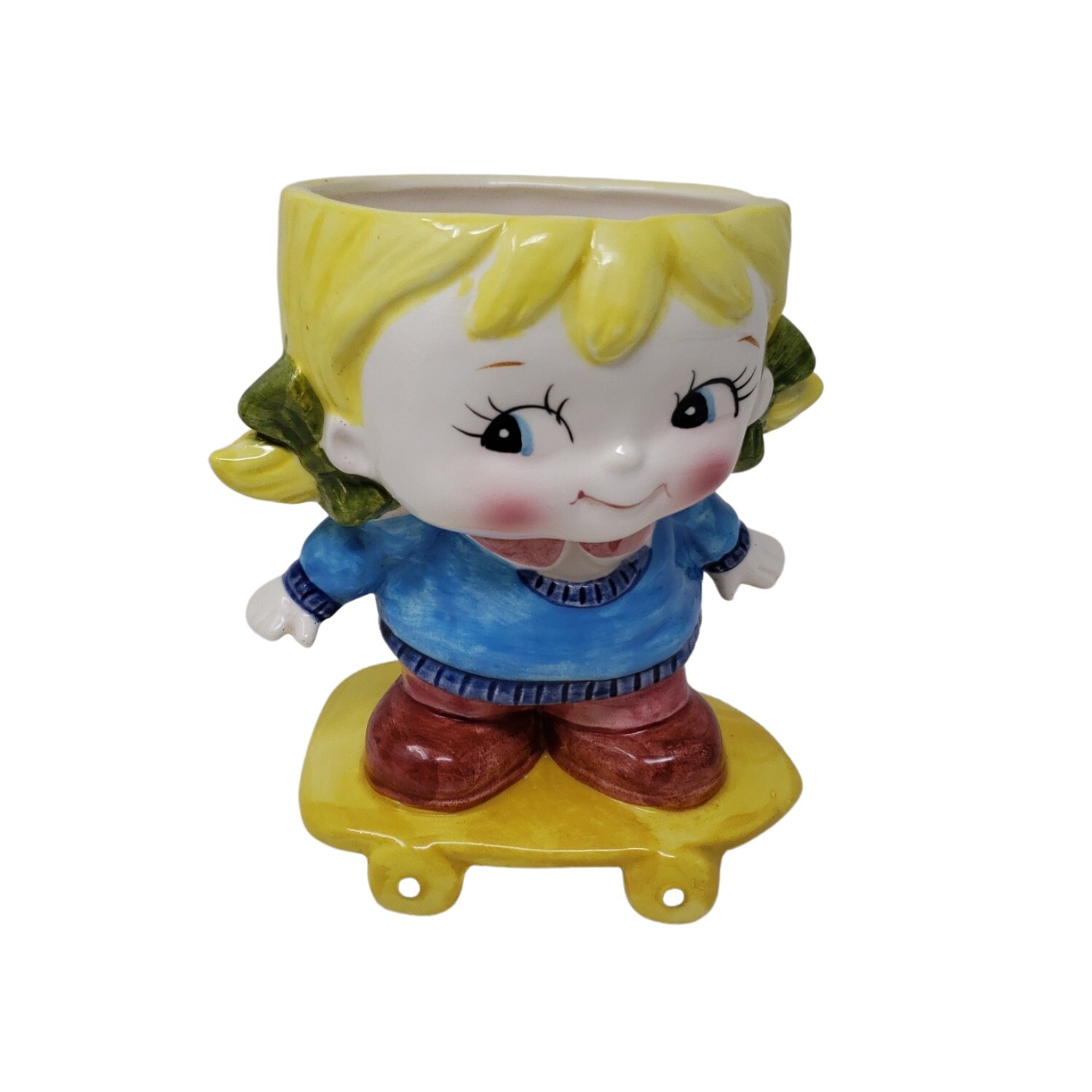 VINTAGE Patmar Ceramic Vase Planter Japan Skateboard Girl Blonde Blue 5 inch NOS