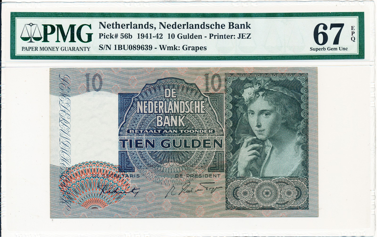 Nederlandsche Bank Netherlands 10 Gulden 1942  PMG  67EPQ