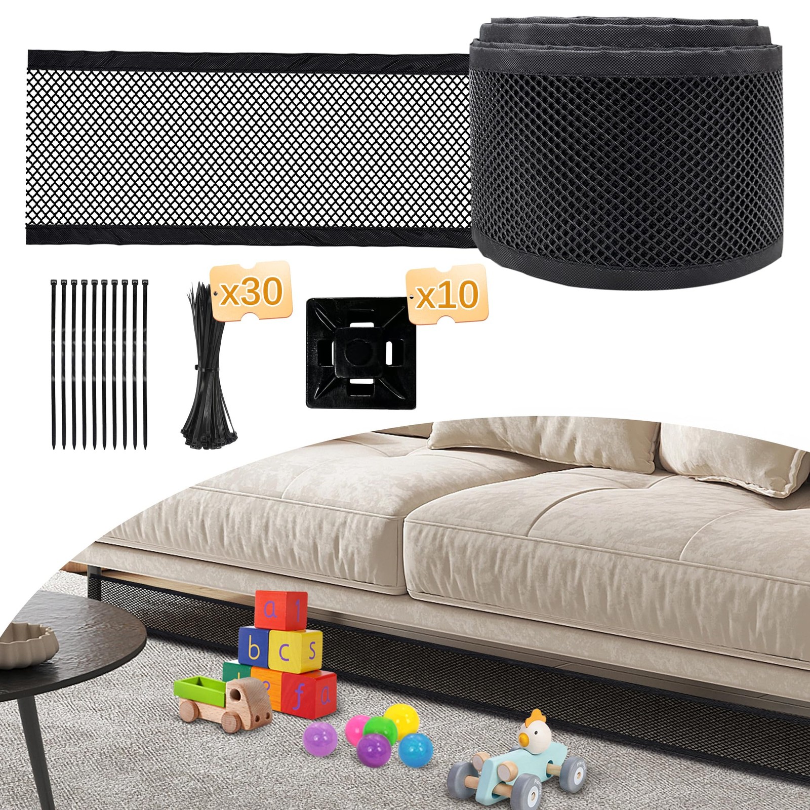 Under Couch Blocker 4 Inch x 39.3 Ft Toy Blocker 30 Zip Ties Black Furniture