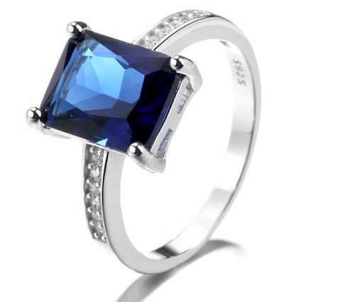 Classic 2.80CT Emerald Shape Blue Sapphire Women's Engagement Ring In 935 Silver