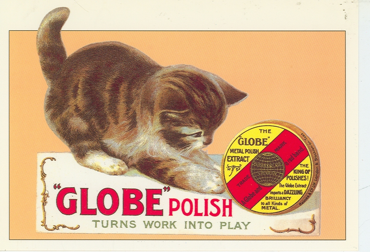 GLOBE POLISH-KITTEN PLAYING-TURNS WORK INTO PLAY--REPRO-4"X6"(DV-334)