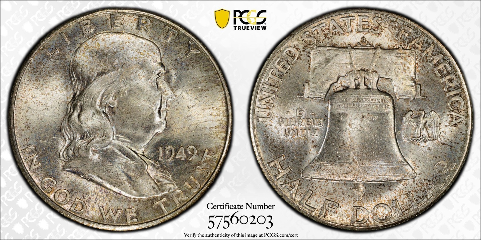 1949 S FRANKLIN HALF DOLLAR PCGS MS 65+ A NEARLY FULL STRIKE OVER VERY ORIGINAL