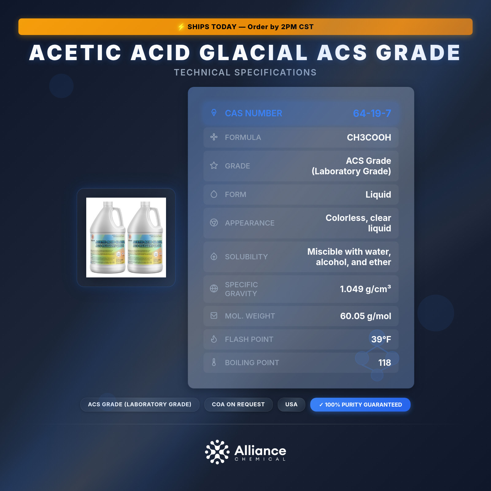 Acetic Acid Glacial ACS Grade - 2 Gallons