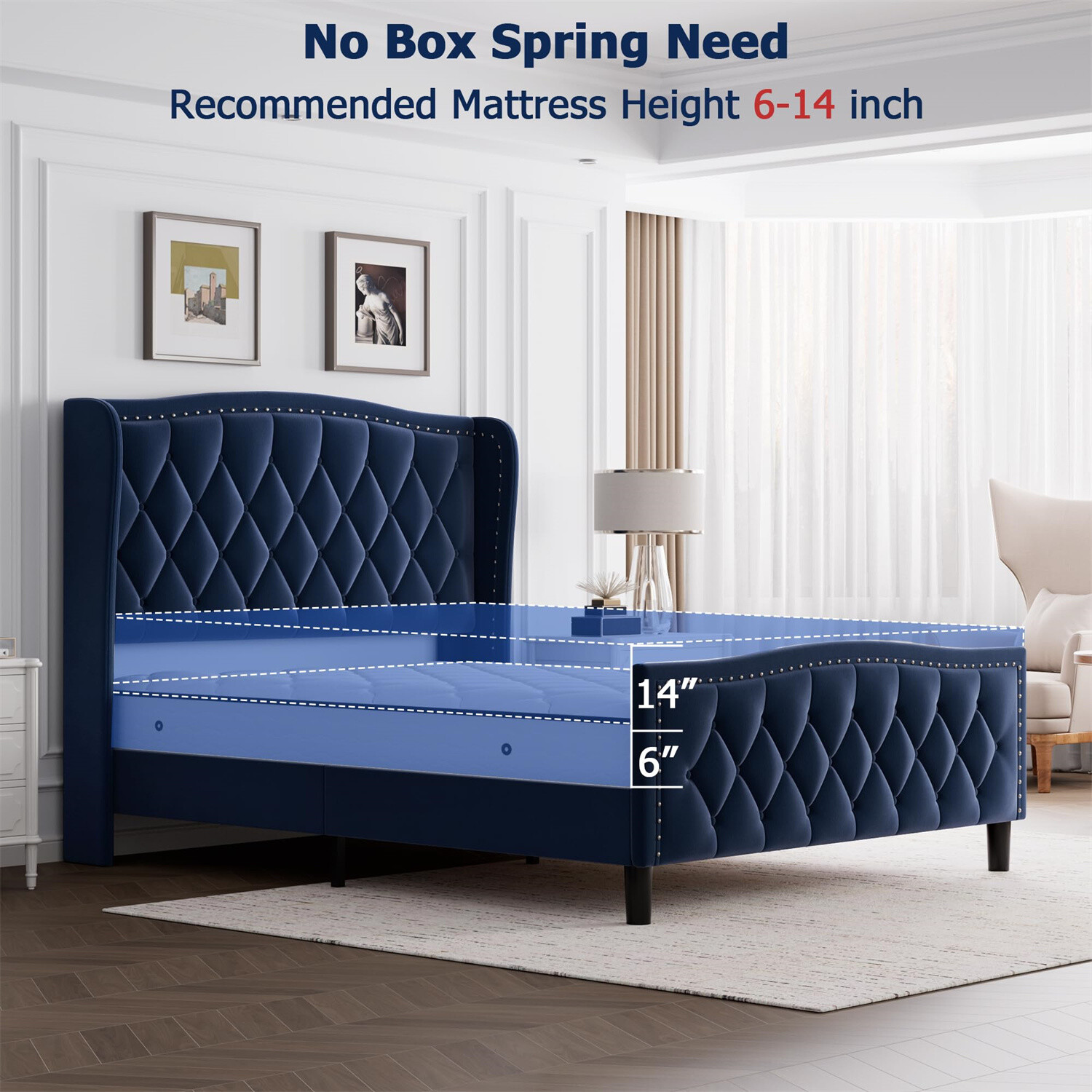 Full Bed Frame Velvet Upholstered Platform Bed with Wing Side Headboard Sturdy
