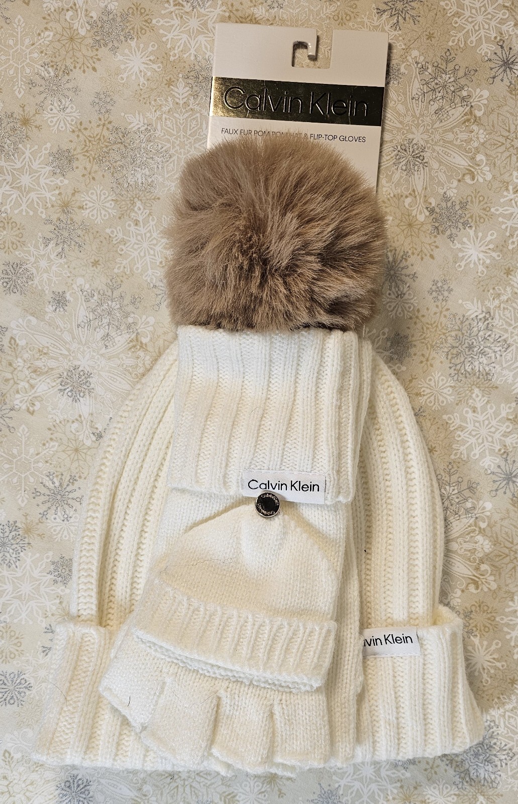 Calvin Klein Faux Fur Pom Pom Hat & Flip-Top Gloves, White, OS, FREE SHIPPING!