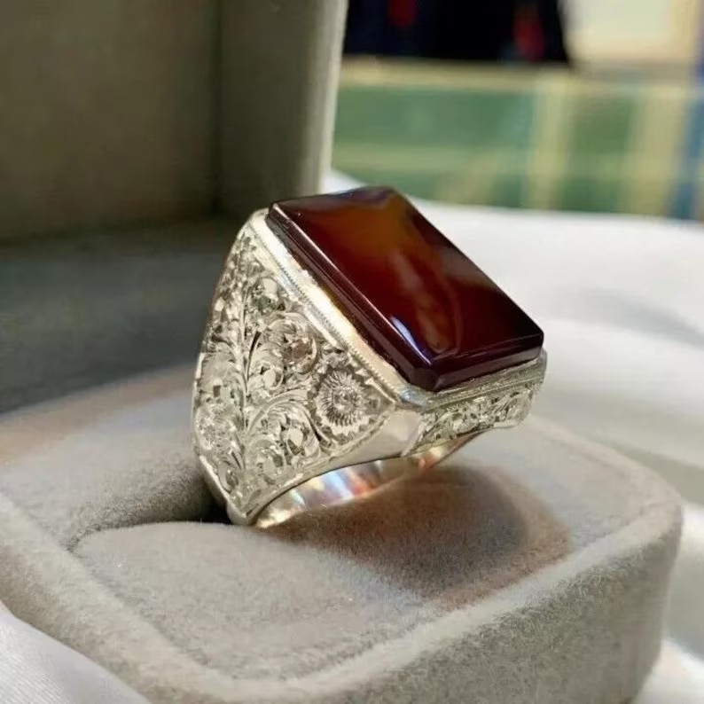 Solid 925 Sterling Silver Yemeni Red Aqeeq Agate Ring Handmade Men’s Ring
