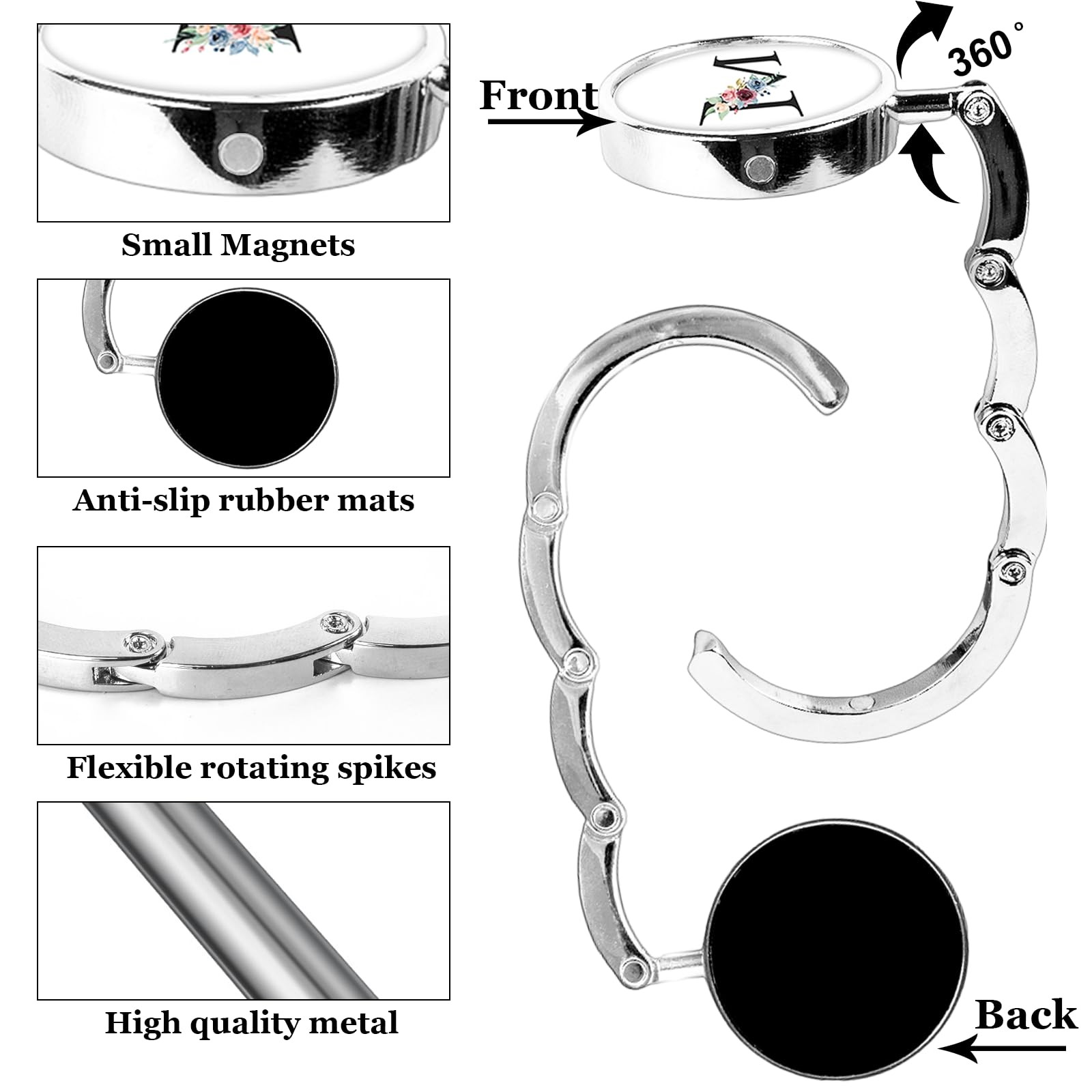 3Pcs Personalized Initial Foldable Purse Hook for Table,Crushed Flower Letter...