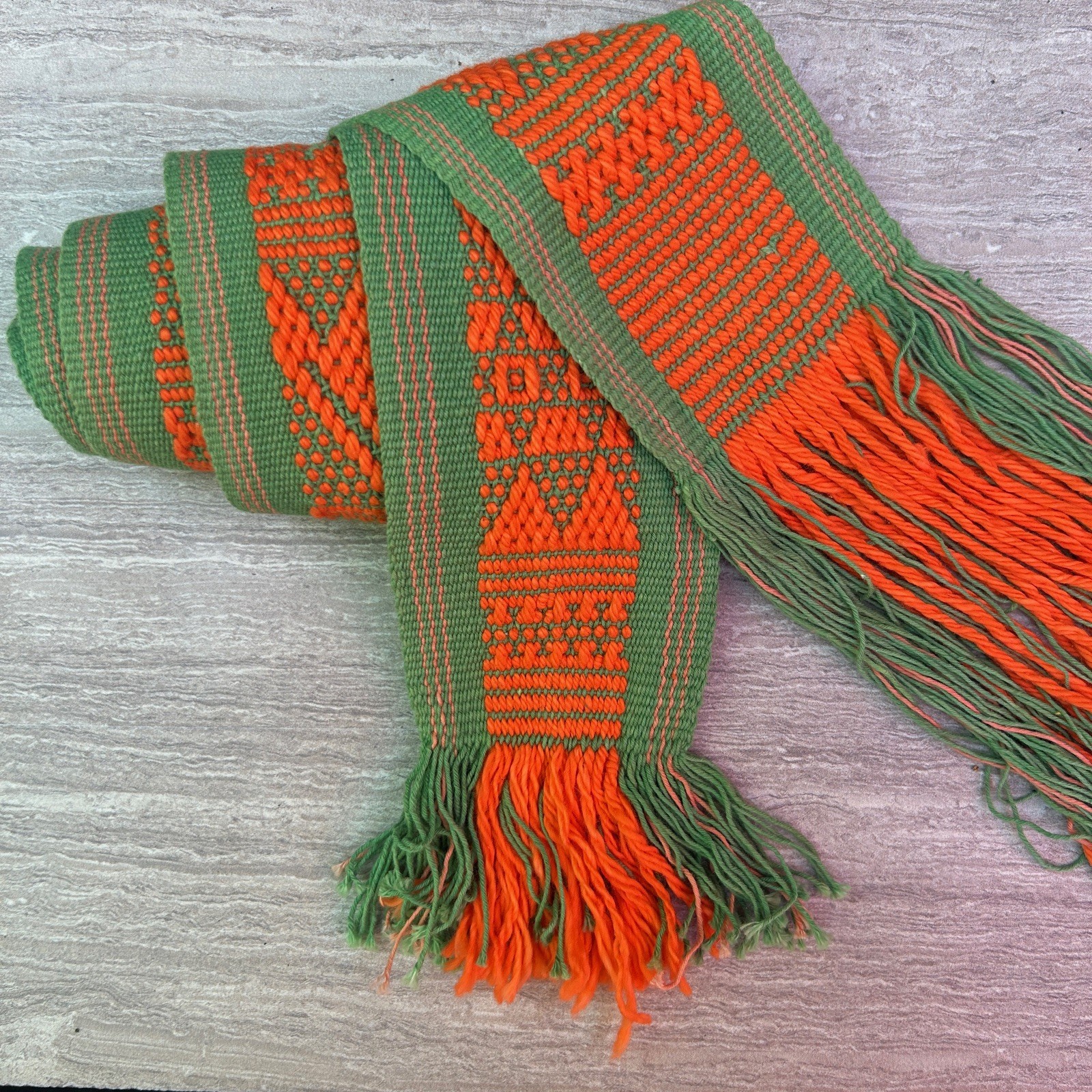 Peruvian Vintage Green and Orange Hand Woven Shaman Chumpi Belt Waist Sash  53"
