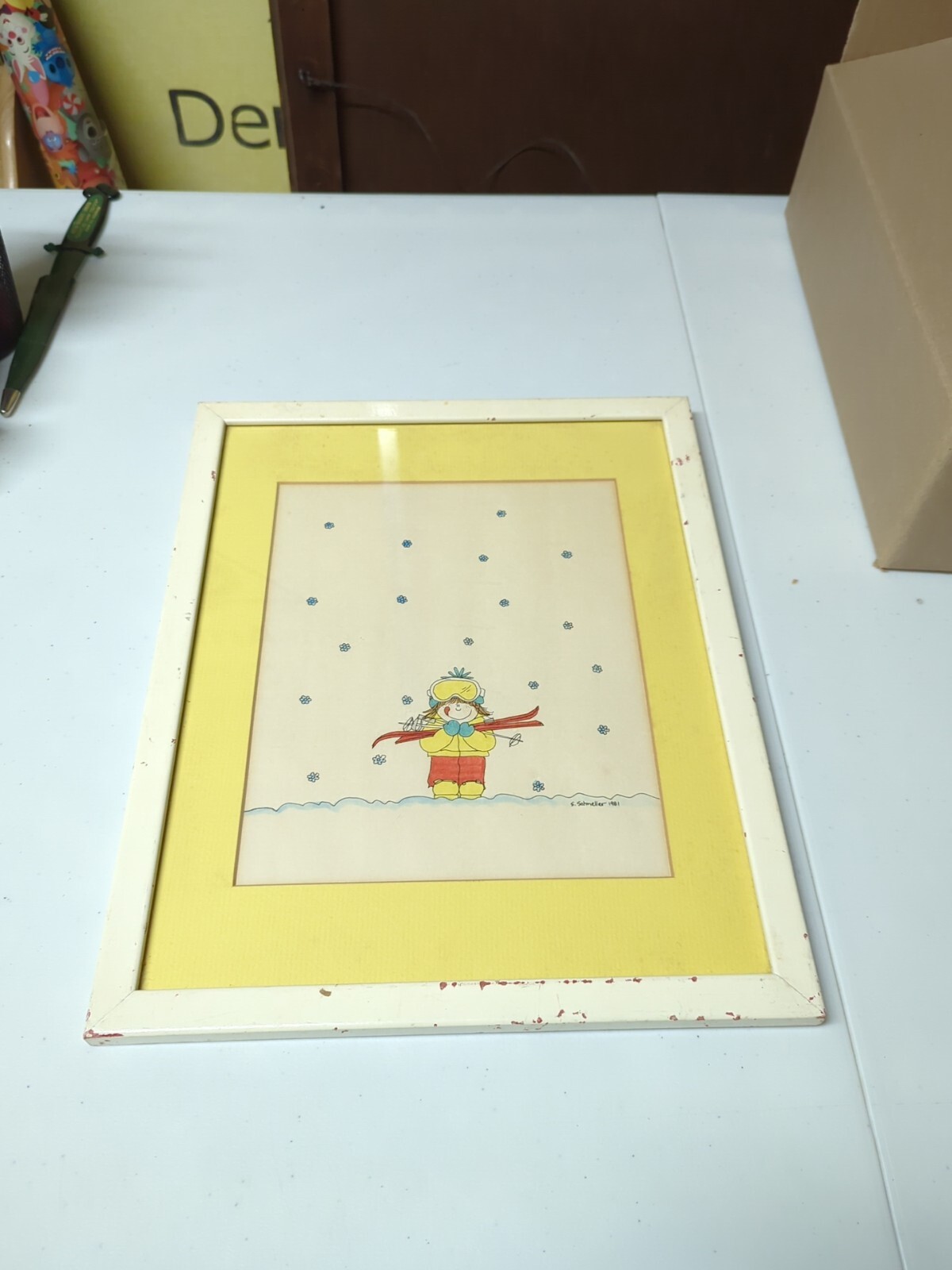Cute Framed 15x12 Color Drawing Of Young Girl Skiing S. Schneller 1981