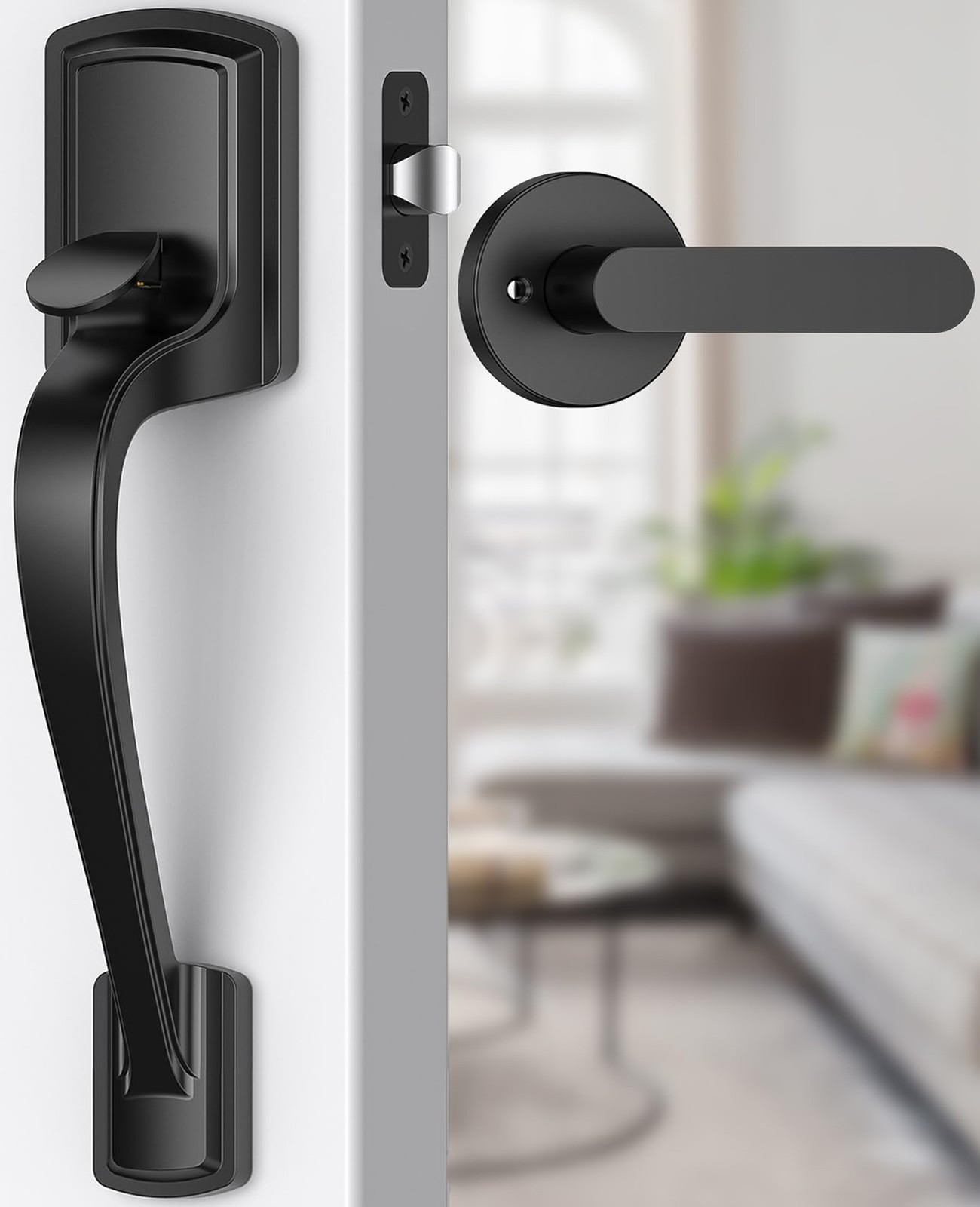 Black Front Door Handle No Lock, Heavy Duty Front Door Lock Set | Exterior Do...