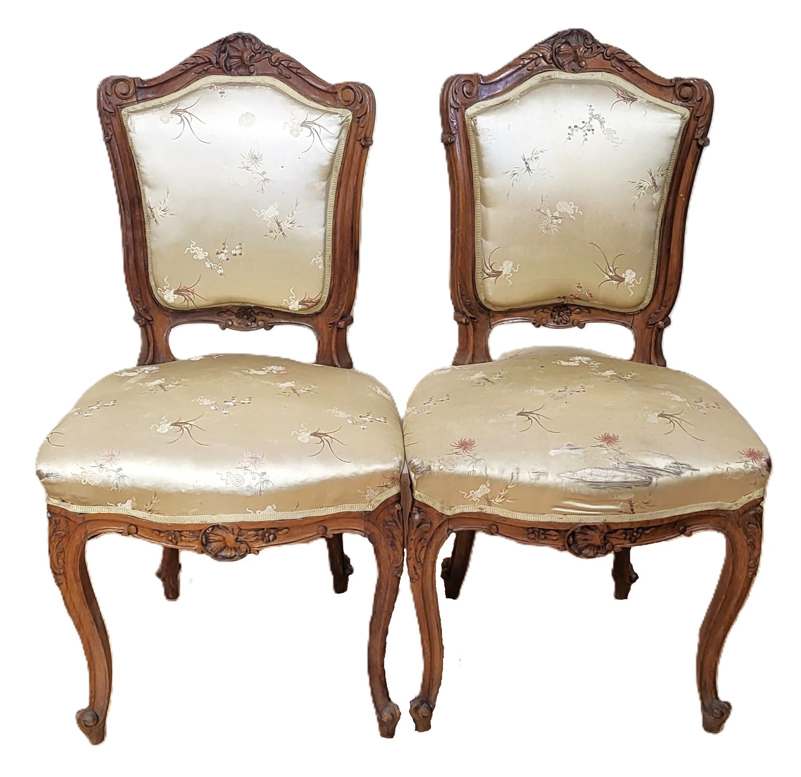 PAIR Antique FRENCH 19th C Louis XV Style Carved WALNUT & Upholstery Side CHAIRS