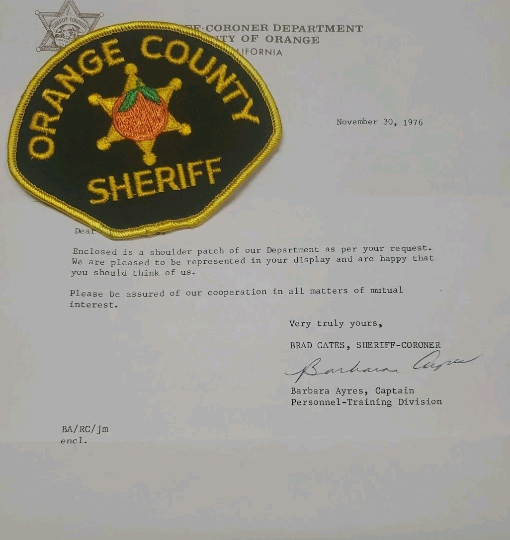 Vtg Obsolete 70s Orange CO California Sheriff Patch W/ Note