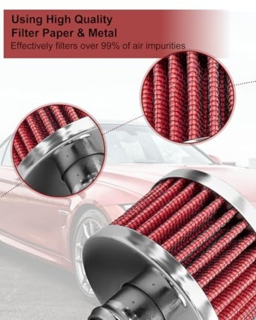 2Pcs Car Air Filter, Universal 23mm Air Intake Filter for Vehicles with Red