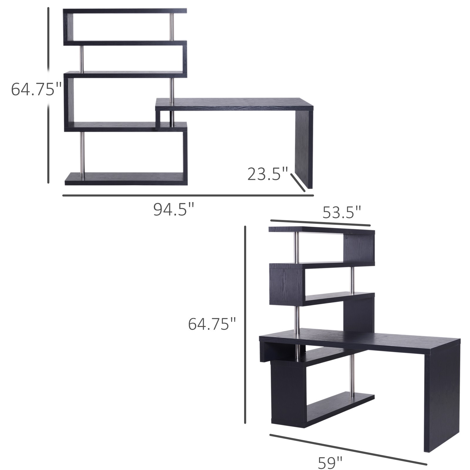 Hollow Core Hobby Corner Desk Computer Table Rotating 4 Tier Shelf Combo, Black