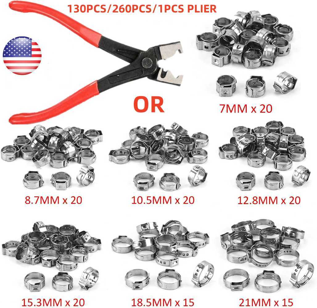 130/260PCS Stainless Steel Single Ear Stepless Hose Clamps 6.5-21mm Kit or Plier