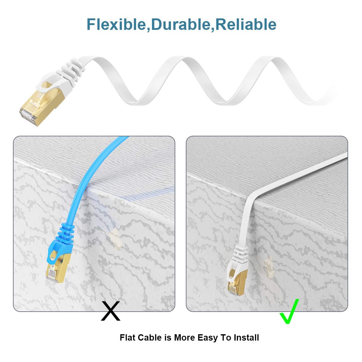 Cat7 Ethernet Cable 10 FT White Flat High Speed LAN Network Patch Cord RJ45