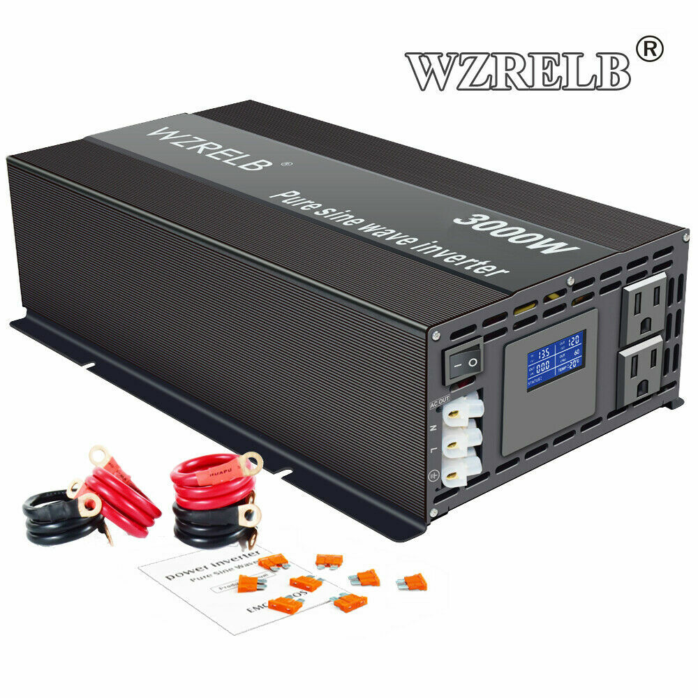 3000W Pure Sine Wave Inverter 24V to 110V 220V Power Converter Car LCD Camp