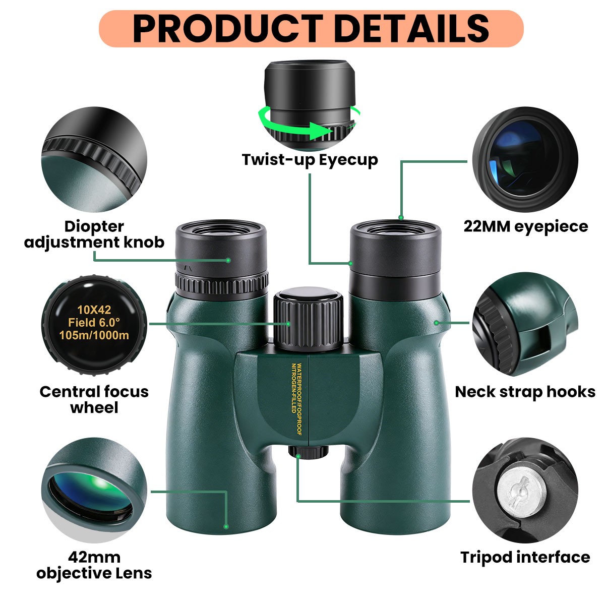 Powerful 10x42 Binoculars BAK4 HD Long Range Hunting Pro Bird Watching Telescope