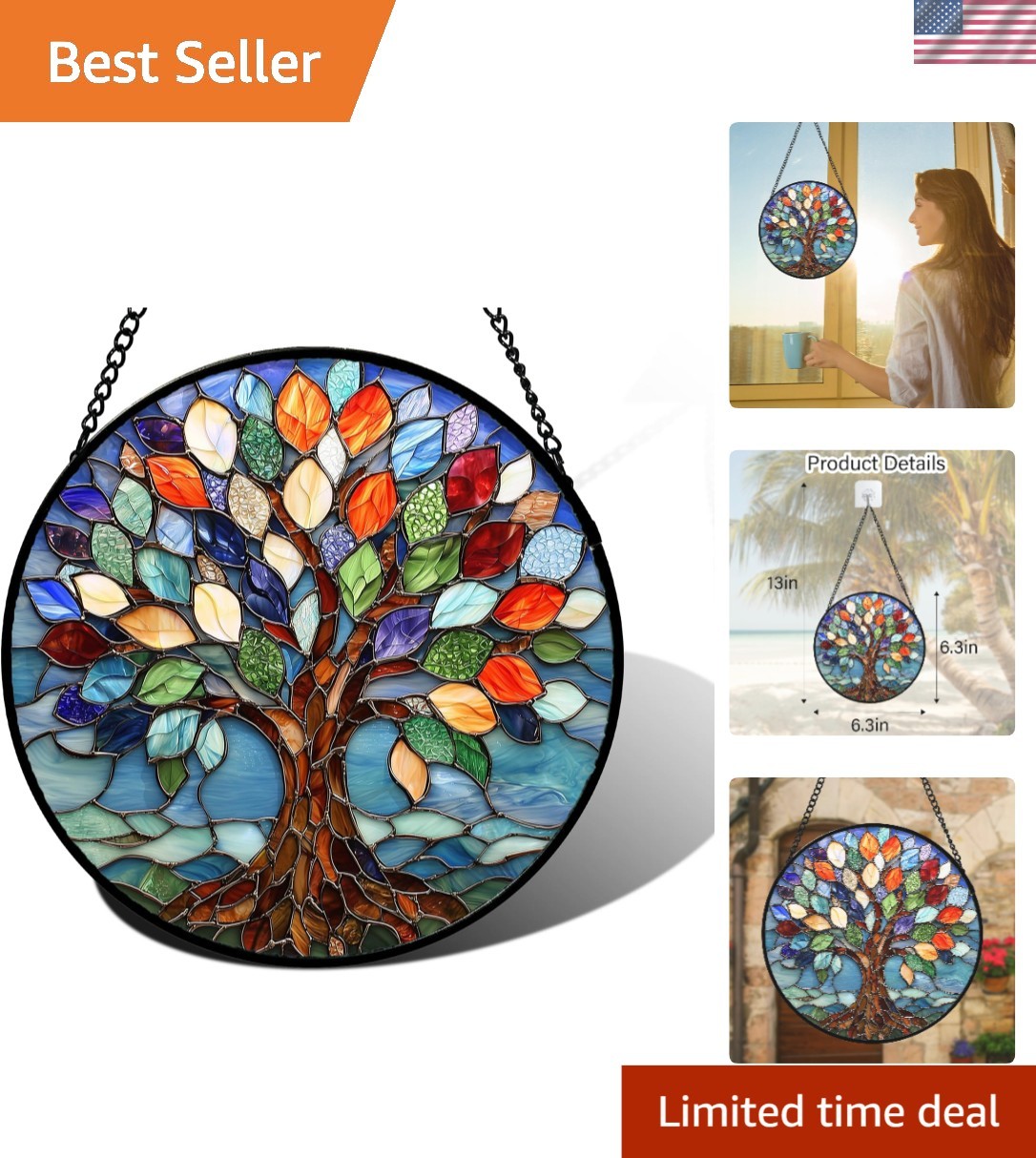 Beautiful 6.3 in Tree of Life Stained Glass Window Hanging - Elegant Home Accent