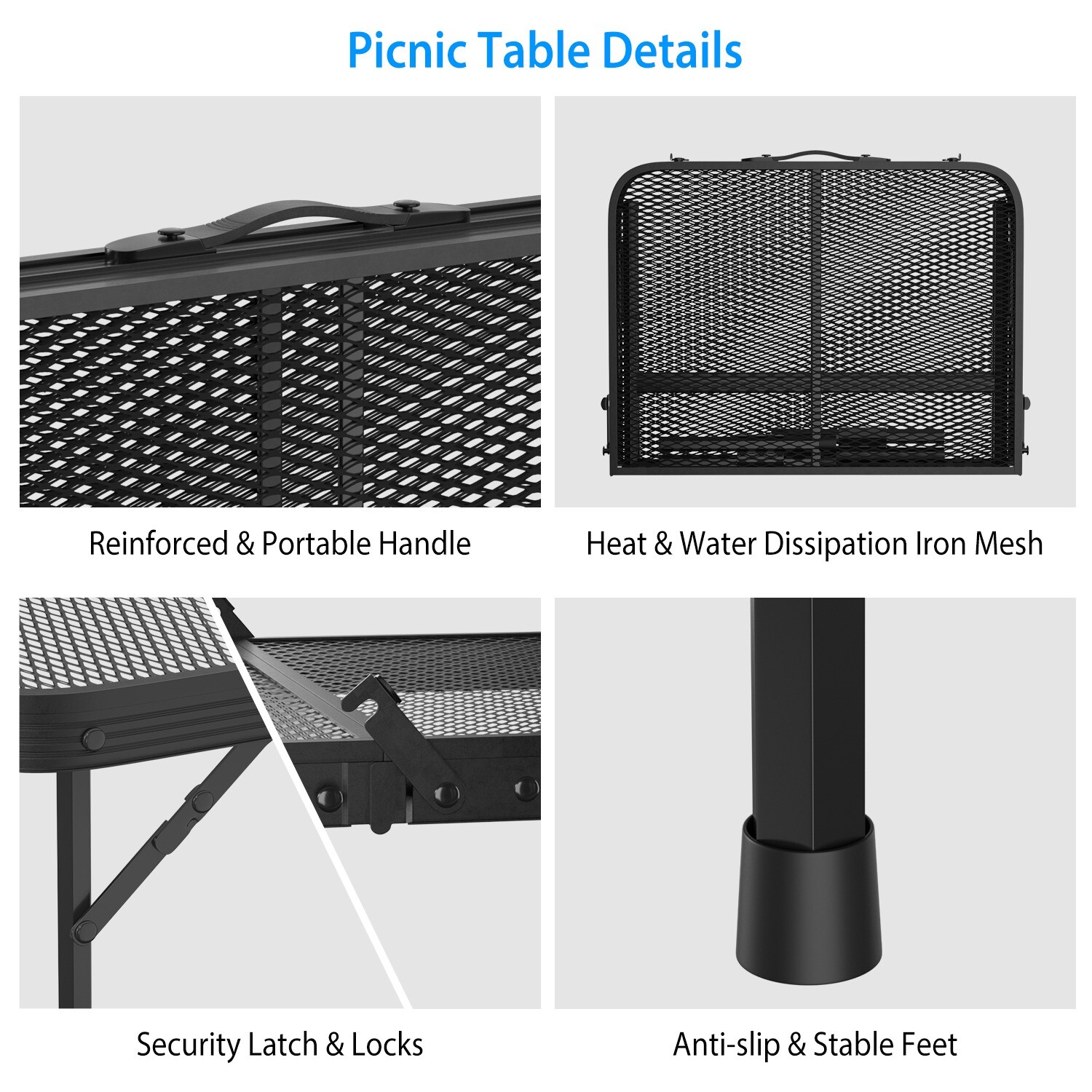 Foldable Camping Table Aluminum Alloy Adjustable Grill Stand w/Iron Mesh Table