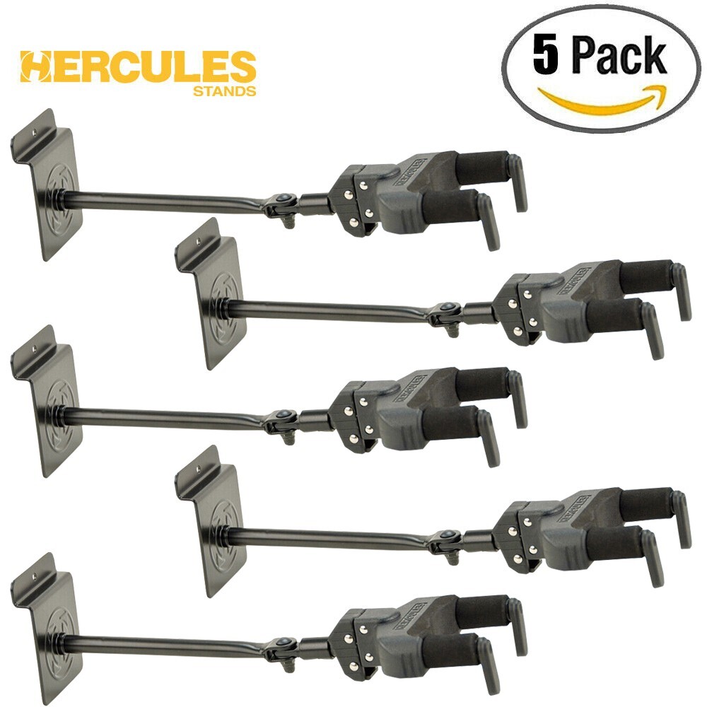 5-PACK Hercules GSP40SB Auto Grip System Guitar Hanger, Slat Wall Mount Long Arm