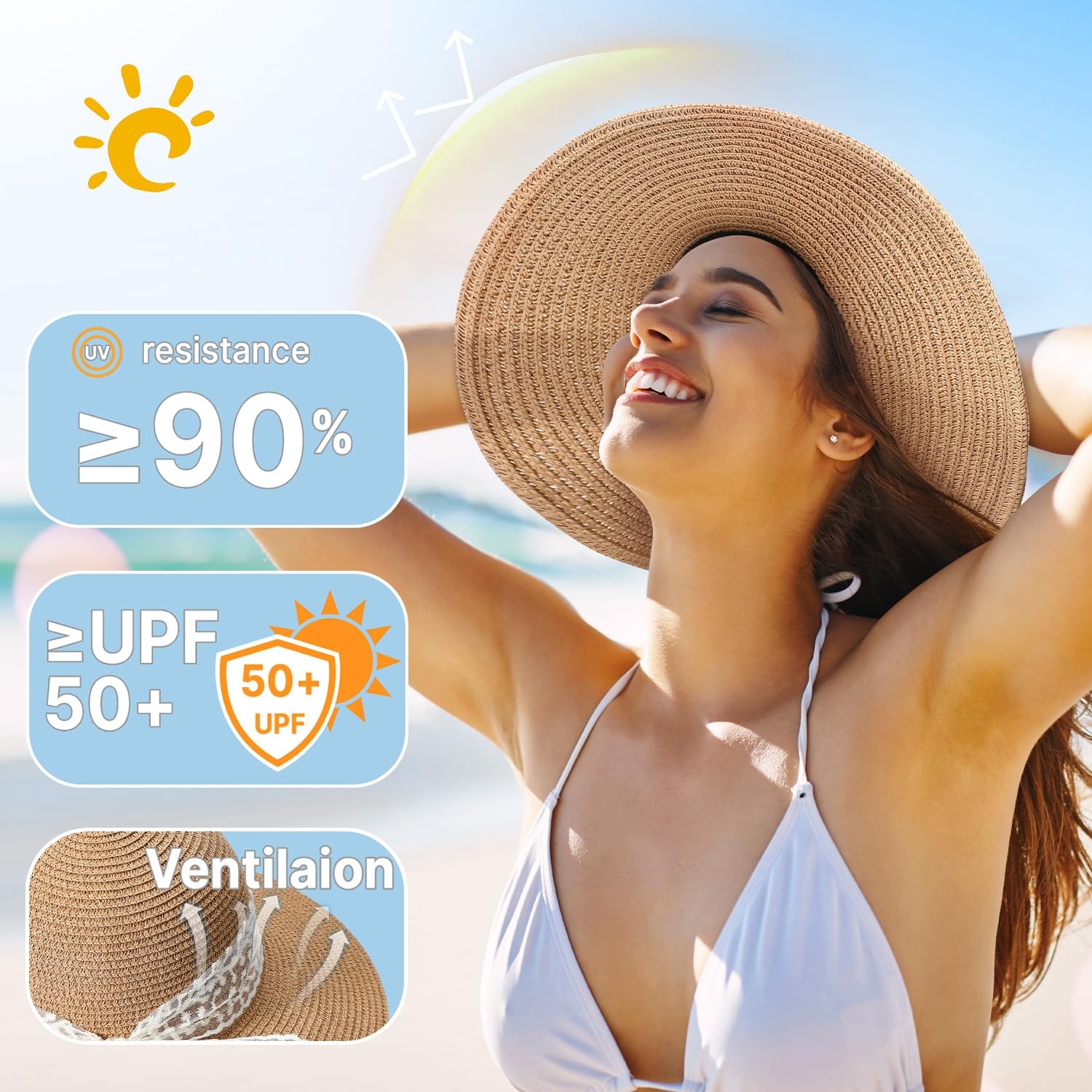 Womens Beach Sun Straw Hat - UV Protection UPF 50+ Sun Hats for Women with Wi...