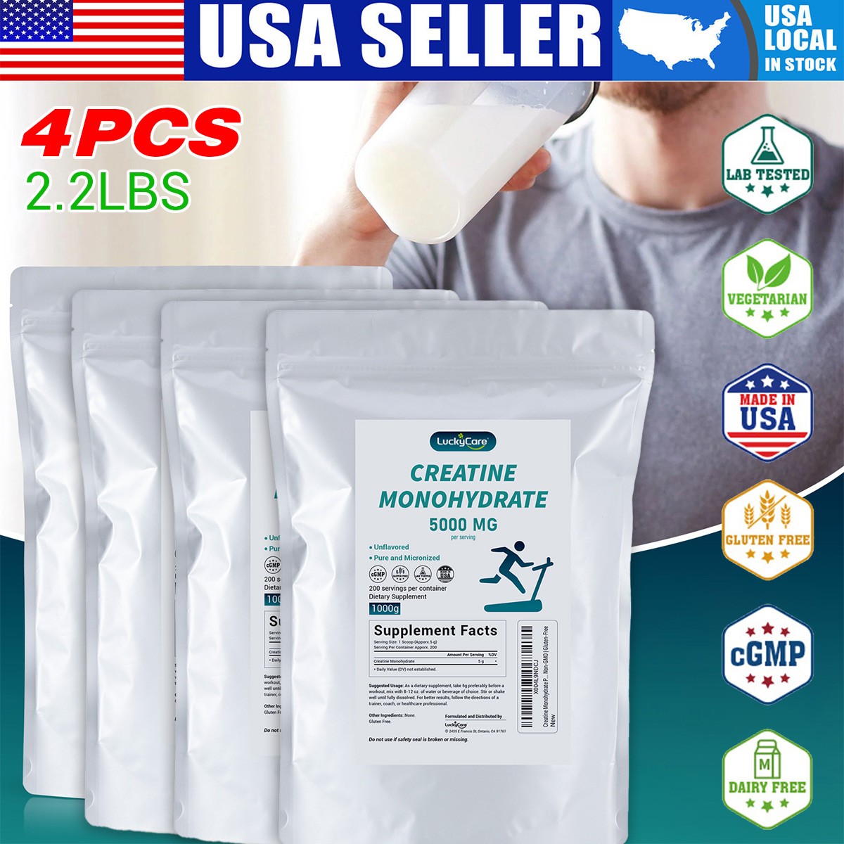 Pure Creatine Monohydrate 2.2lbs - Powder Micronized 200 Servings 5g Per Serving