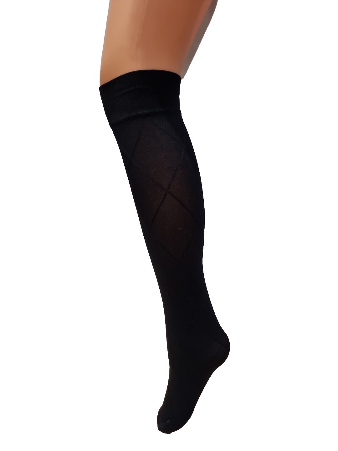 Ladies Black With Diamond Pattern Knee High Pop Socks