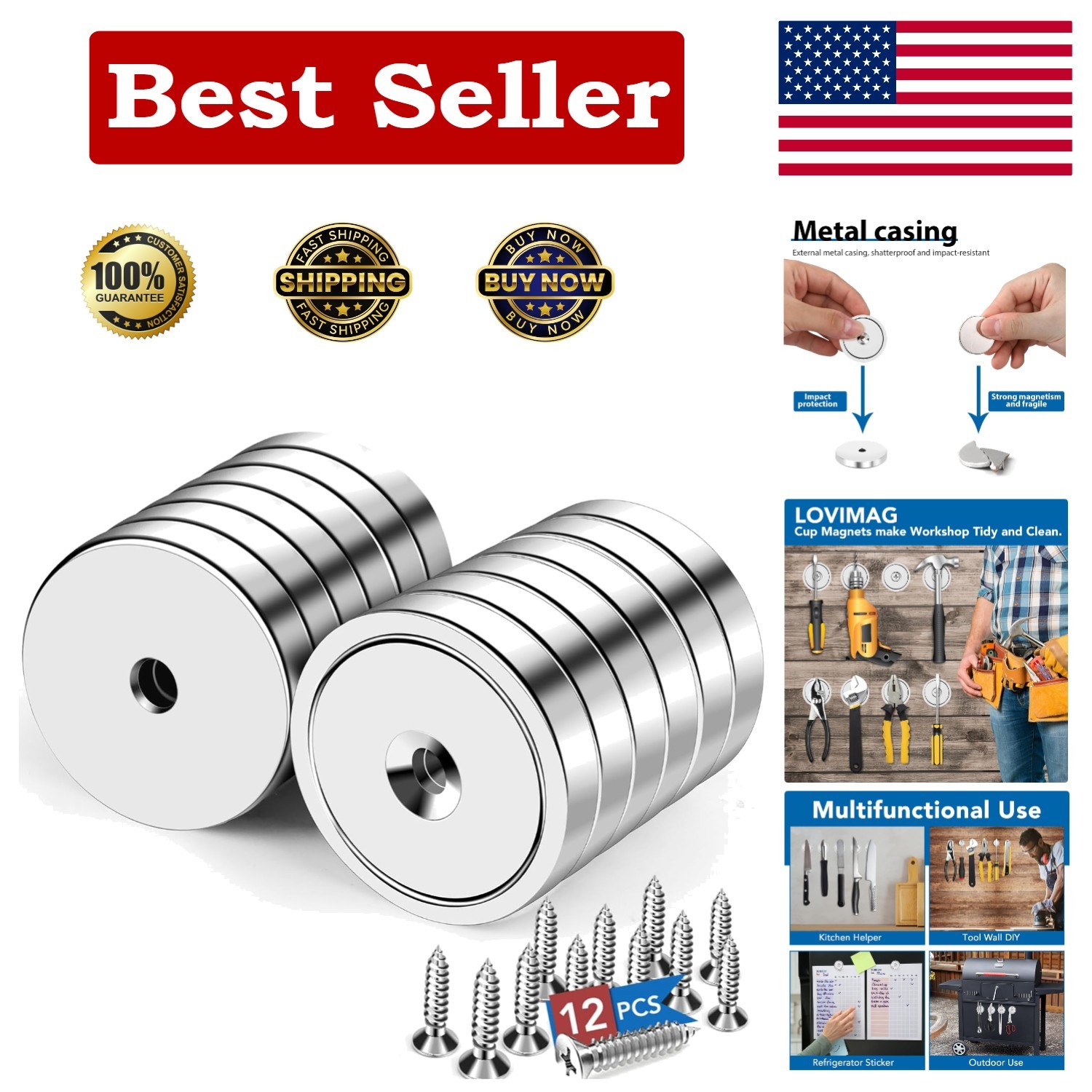 Versatile 150lb Neodymium Cup Magnets - 12 Waterproof Heavy Duty Pieces