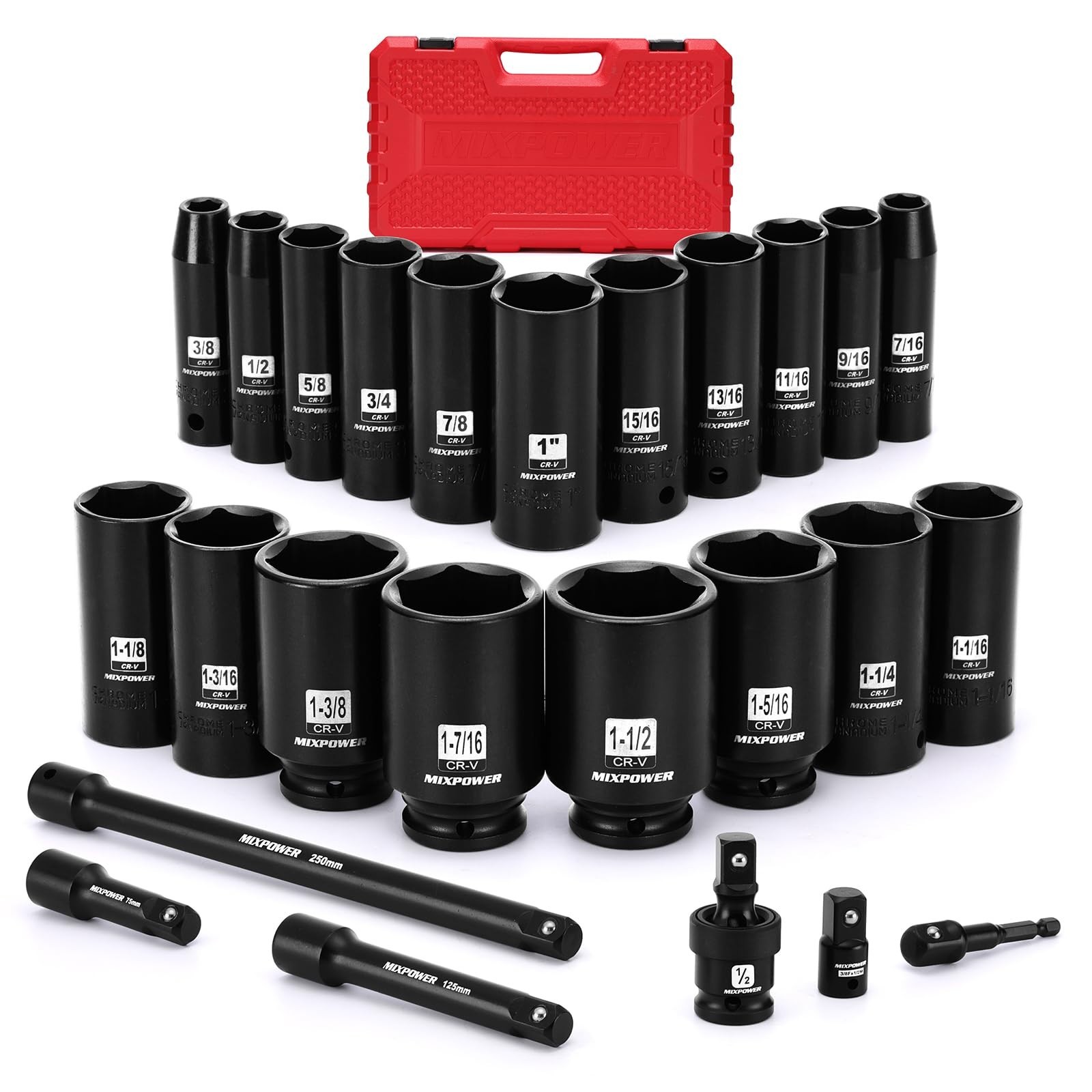 25 PCS 1/2” Drive Impact Socket Set, 3/8" to 1-1/2" Deep Socket, 6-Point H