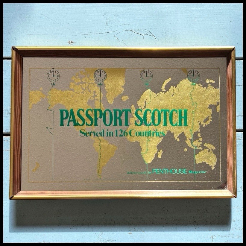 Vintage 1970’s Passport Scotch Served in 126 Countries Framed Bar Mirror