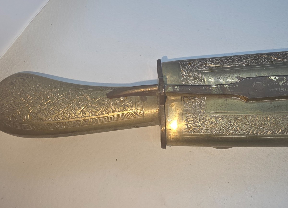 Vtg Ornate Double End Knife Fork Set Locking Sheath Carving India Footed