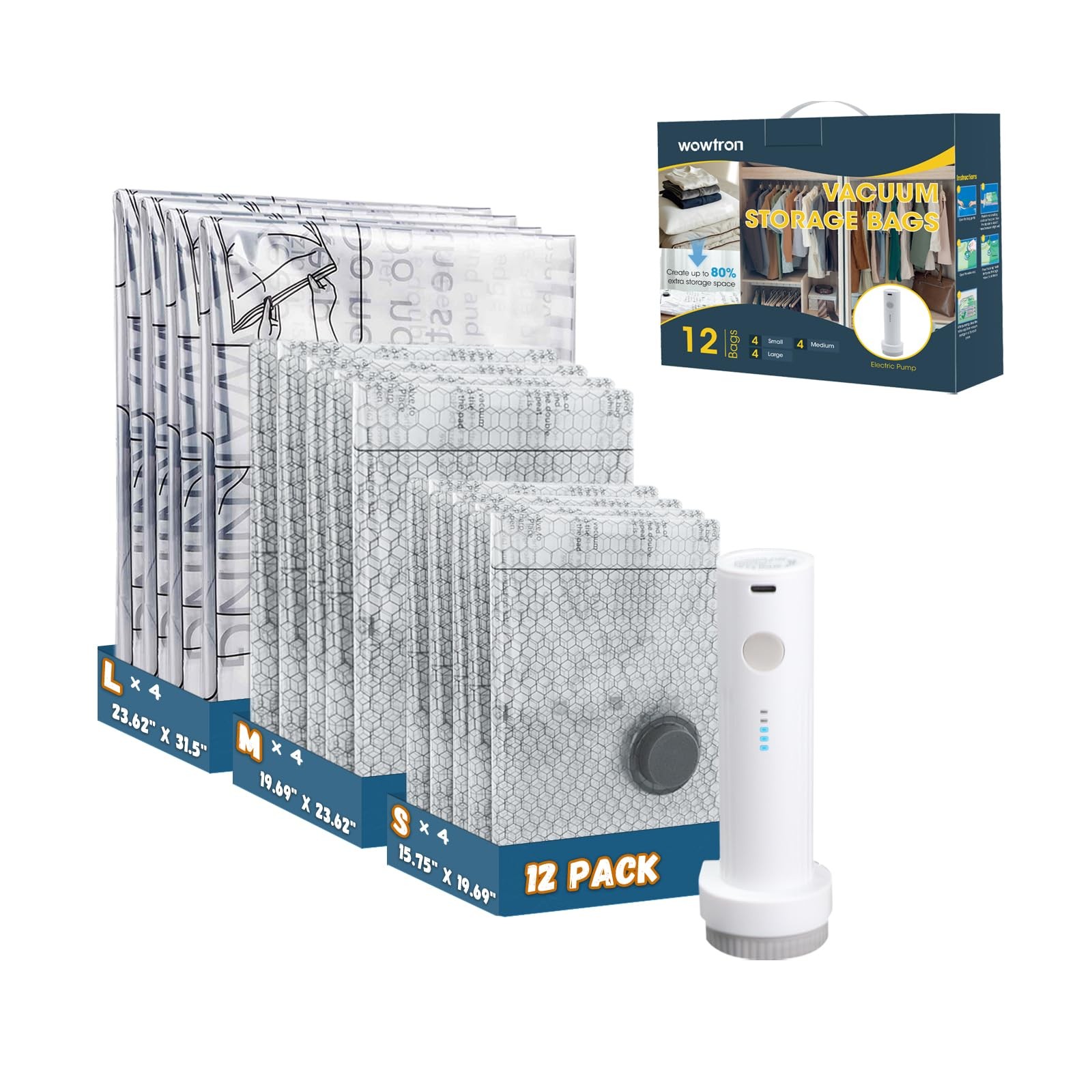 Vacuum Bags for Travel with Rechargeable Electric 12-Combo- Pump