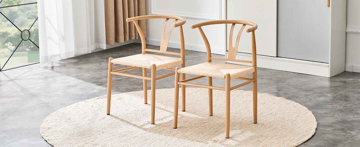 Modern Wishbone Dining Chair Iron Metal Farmhouse Woven Seat Set of 2