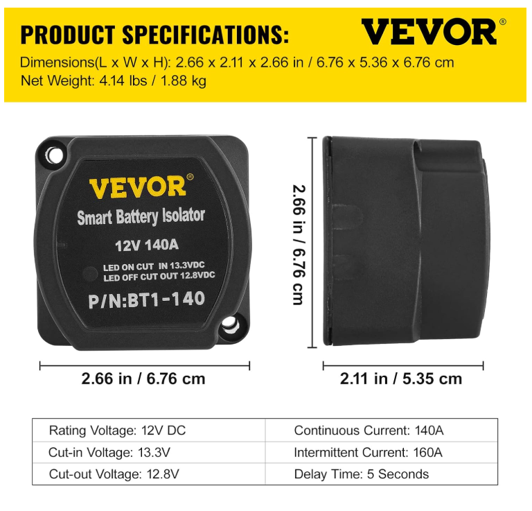 VEVOR Split Charge Relay Kit, 6mtr 12V, Automatic Dual Battery Isolator Kit