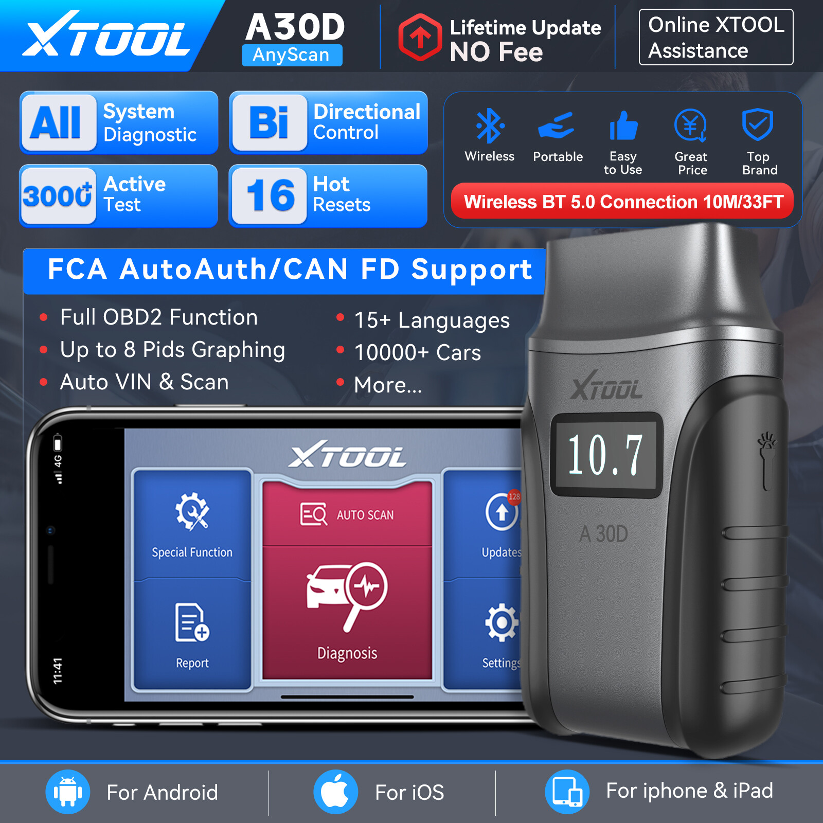 XTOOL A30D Auto OBD2 Scanner Bluetooth Bidirectional Full System Diagnostic Tool