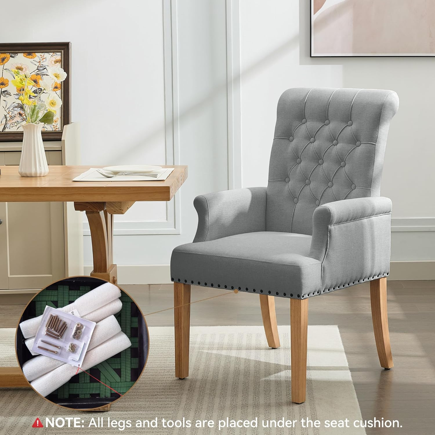 Fabric Dining Chair with Arms, Upholstered Tufted High Back Dining Room Chairs,