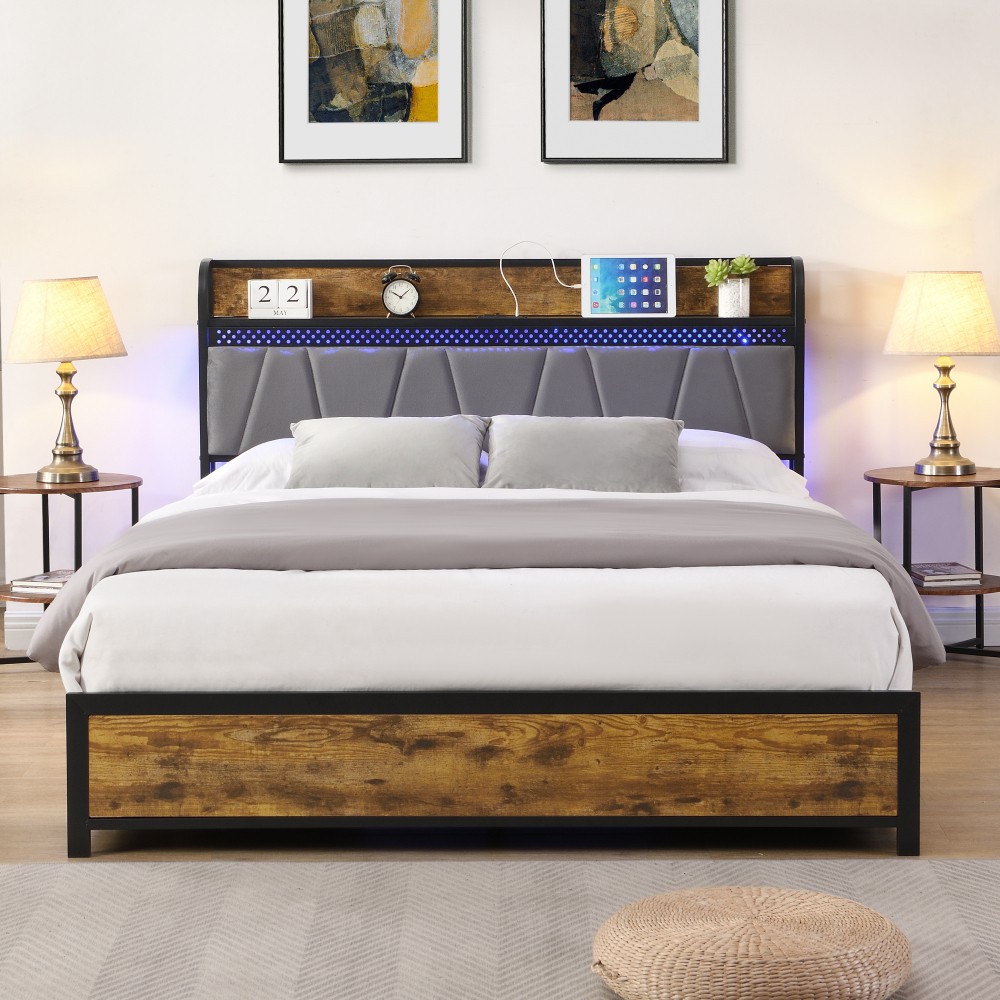 Bed Frame W Charging Station 4 Storage Drawers LED Lights