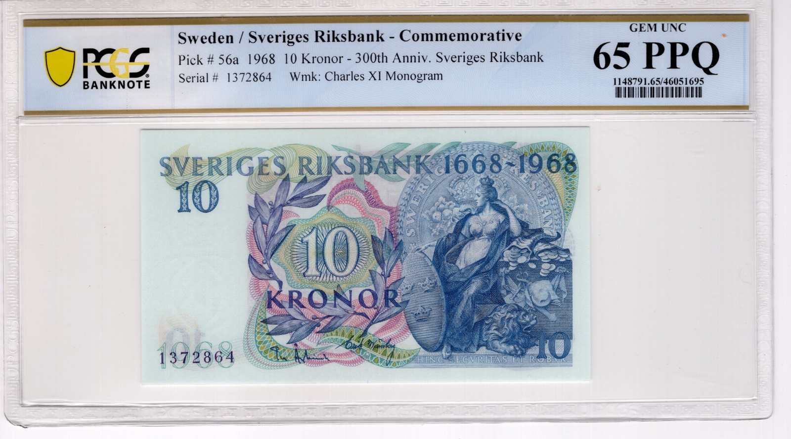 Sweden 1968 10 Kronor PCGS Banknote UNC 65 PPQ Pick 56a